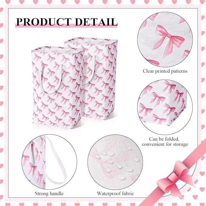 Leinuosen 2 Pcs Bow Pink Laundry Basket Pink Laundry Hamper Large Collapsible Bow Storage Baskets Cute Nursery Clothes Waterproof Hamper Room Organization for Bedroom Decor(Pastel)