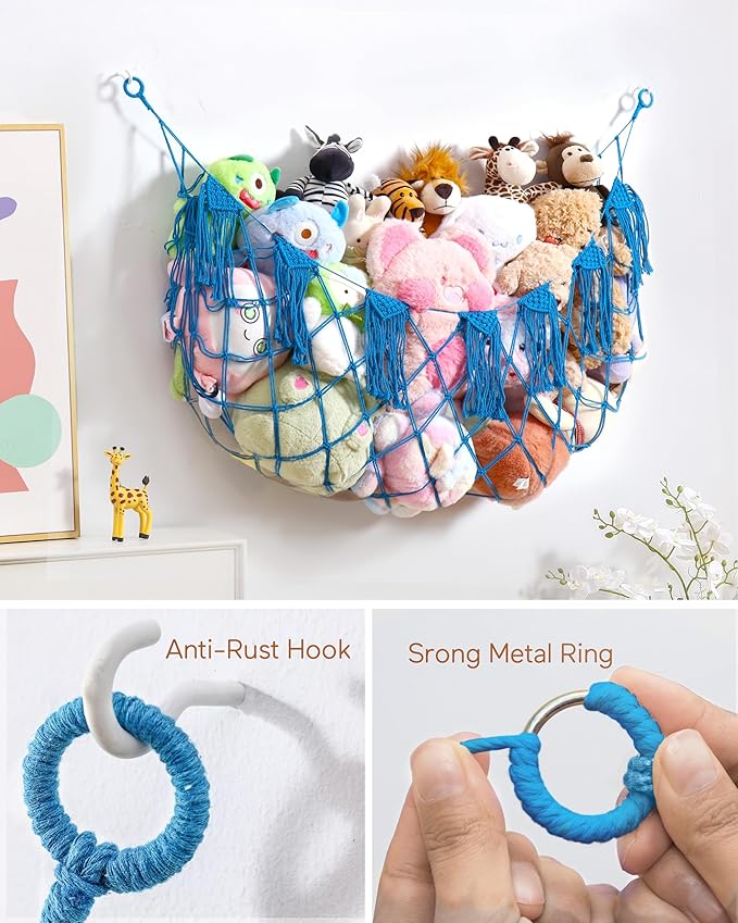 Stuffed Animal Storage Hammock Net with Lights - Small Toy Hammock Net for Stuffed Animals Room Decor,Cute Stuff Animal Organizer Holder for Teddy Bear,Nursery Kids Baby Wall Hanging Bedroom Playroom