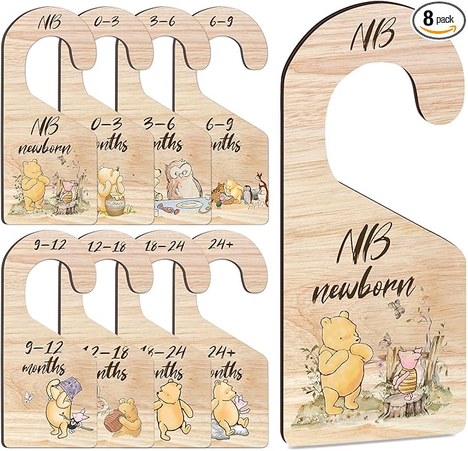8Pcs Winnie Baby Closet Dividers, Winnie Baby Clothes Dividers for Closet, Newborn Baby Stuff for Baby Boys Girls, Wooden Double-Sided Baby Hanger Organizer from Newborn to Toddler