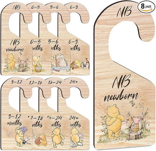 8Pcs Winnie Baby Closet Dividers, Winnie Baby Clothes Dividers for Closet, Newborn Baby Stuff for Baby Boys Girls, Wooden Double-Sided Baby Hanger Organizer from Newborn to Toddler