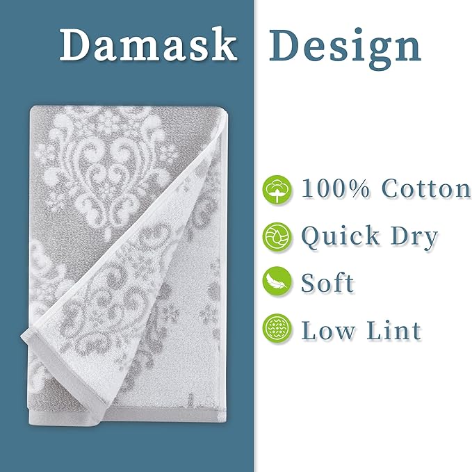 Hand Towels for Bathroom, 4PC 16"x27" - 100% Cotton | Quick Dry | Absorb | Lightweight, Decorative Hand Towels for Showering, Gray Damask Pattern Towel, Bathroom Essentials, Grey and White