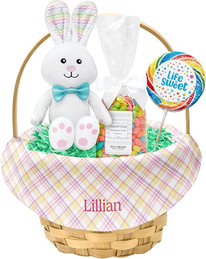 Let's Make Memories Personalized Easter Basket for Kids- For Boys - For Girls - Create Your Own - Fillable - Wicker - Easter Basket Stuffers - Small - Pink Fun Plaid