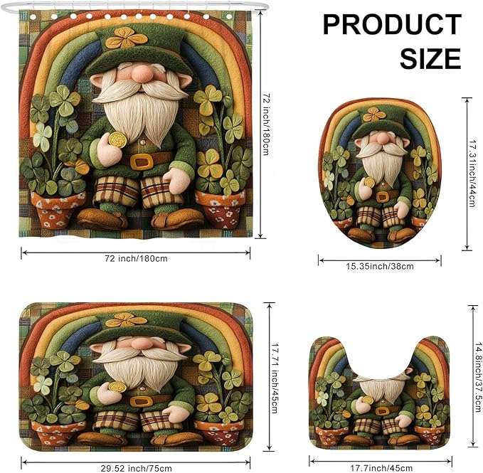 4PCS St.Patrick's Day Gnome Bathroom Accessory Sets with Non-Slip Rug, U Shape Toilet Lid Cover Mat, Wool Felt Style Leprechaun Shamrocks Bathroom Decoration 72''x72''