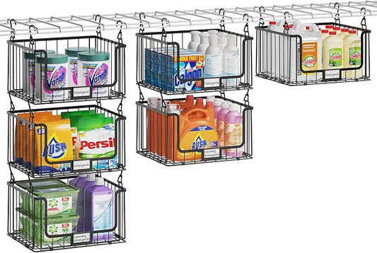 3-Pack Hanging Laundry Organizer, Stackable Wire Shelf Storage with Label Cards, Foldable Metal Baskets with 360°Rotating Hooks,Space-Saving for Laundry Room, Closet & Pantry, 11"×15" Large,Black