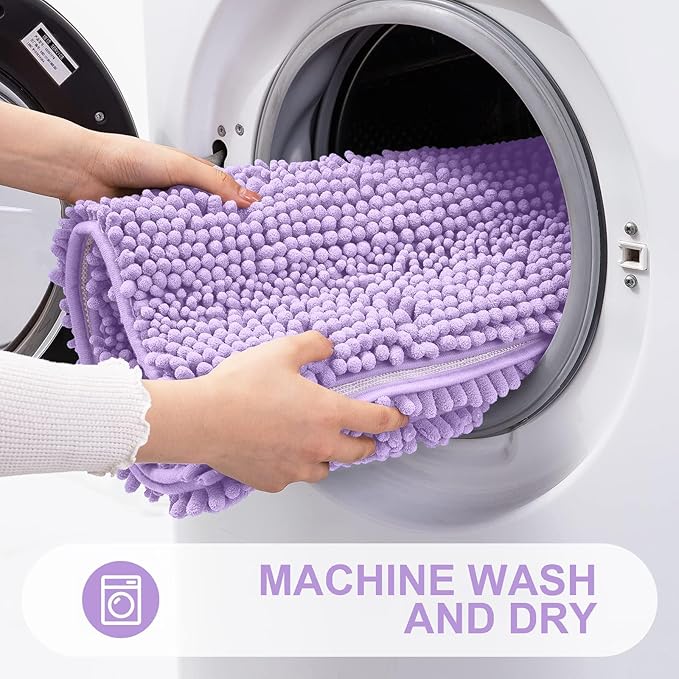 Grandaily Chenille Striped Bathroom Rugs 24x16, Extra Thick and Absorbent Bath Mats, Non-Slip Soft Plush Shaggy Shower Carpet, Machine Wash Dry, Bath Rug for Bathroom, (Small, Purple)