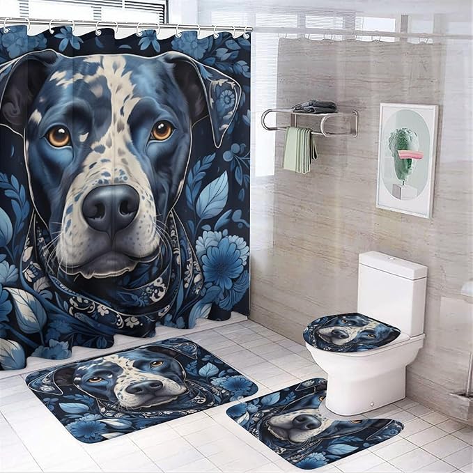 4Pcs Shower Curtain Set with Rugs Dog Wearing Scarf Bathroom Decor Set with Non-Slip Rugs Toilet Lid Cover and Bath Mat Pet Dog Lover Gift Funny Sayings Words Bathroom Shower Curtains Sets