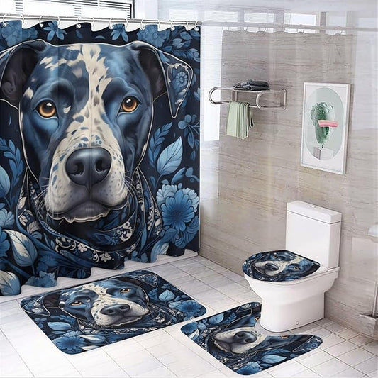 4Pcs Shower Curtain Set with Rugs Dog Wearing Scarf Bathroom Decor Set with Non-Slip Rugs Toilet Lid Cover and Bath Mat Pet Dog Lover Gift Funny Sayings Words Bathroom Shower Curtains Sets