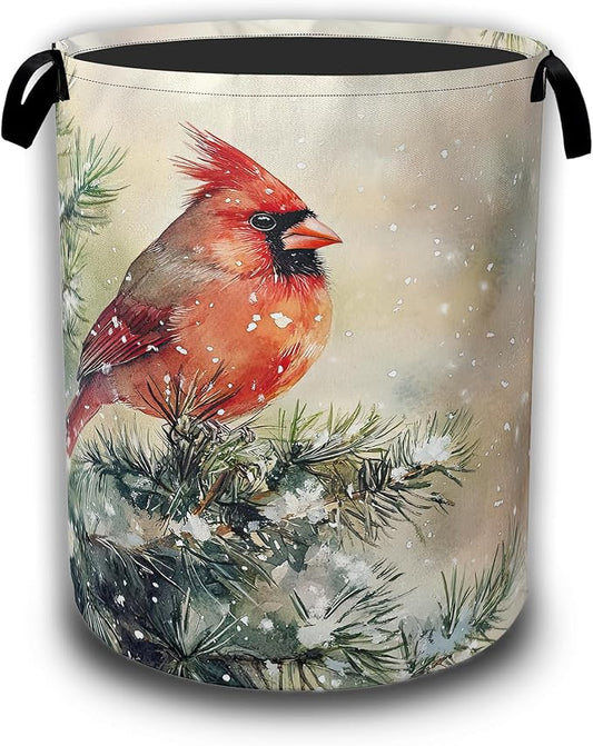 Winter Red Cardinal Bird Laundry Basket, Laundry Hamper Waterproof Oxford Cloth Tote Collapsible,Clothes Storage Bucket Decorative Toy Organizer For Bathroom Bedroom 16" x 20.8"