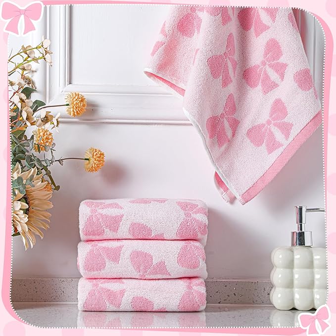 4 Pcs Pink Bow Hand Towels for Bathroom 13 x 29'' Soft 100% Cotton Coquette Face Towel Valentine's Day Kitchen Decor Absorbent Preppy Bathroom Decor Bridal Shower Wedding Gift