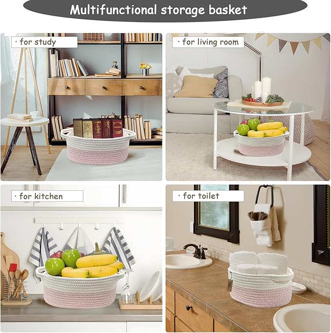 COMFY HOMI Small Woven Gift Baskets with Handles, Gift Bags and Ribbons - Cotton Rope Storage Basket for Organizing, Dog Toy Basket Box, Gift Baskets Empty, Mother’s Day-φ11X5 Inch（white/pink）