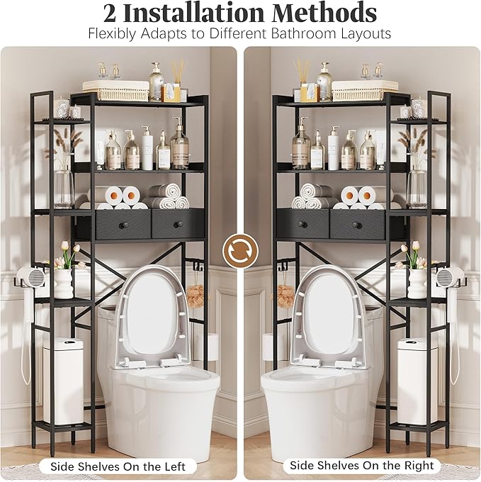 Over The Toilet Storage Shelf with Drawer, 7-Tier Above Toilet Bathroom Organizer with 4 Adjustable Side Shelves, Space Saver Freestanding Rack with Holder & Hook for Laundry Kitchen (Black)