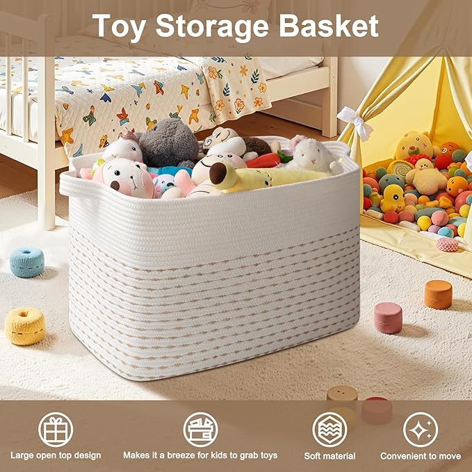 OIAHOMY 108L Extra Large Blanket Basket, 25”x16”x16” Rectangle Woven Cotton Rope Baskets for for Living Room, Toy Storage with Handle- Light Yellow & White