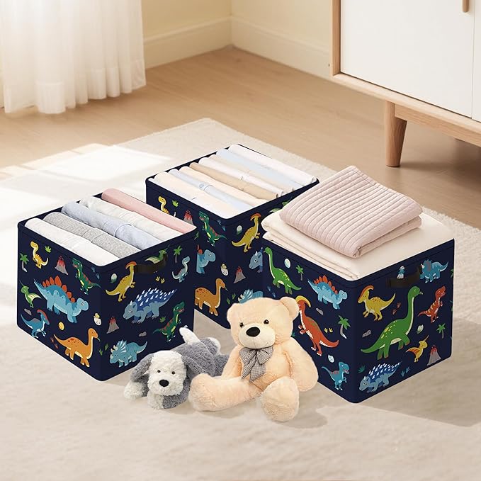 Clastyle 3 pcs Dinosaur Cube Storage Unit Bin with Metal Frame Volcano Kallax Box for Shelves Parents Closet Organizer Basket for Book Clothes Toy Organizer, Black, 11.8x11.8x11.8 in
