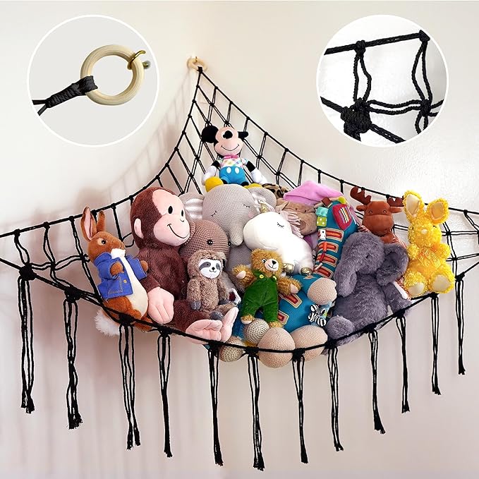 Large Stuffed Animal Hammock Corner - Stuffed Animal Storage - 100% Natural Cotton Macrame Stuffed Animal Net - Stuff Animal Organizer - Net For Stuffed Animals Corner Large-Black