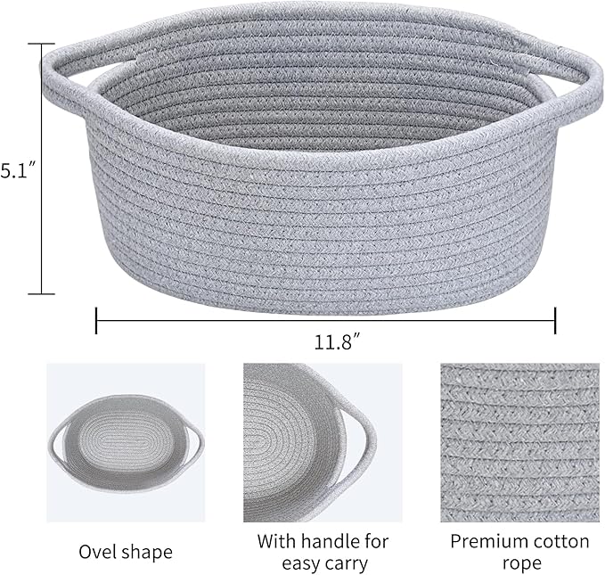 ABenkle Small Basket, 12"x 8" x 5" Cute Small Woven Basket, Rope Room Shelf Storage Basket, Cat Dog Toys Basket Chest Box, Decorative Empty Gift Basket with Handles - All Gray