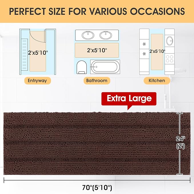 ACCUMTEK Extra Long Striped Brown Bathroom Rug Mat 70"x24" Ultra Soft, Non Slip Chenille Bath Rugs, Absorbent Plush Shaggy Bath Mats for Bathroom, Bedroom, Kitchen, Shower, Tub