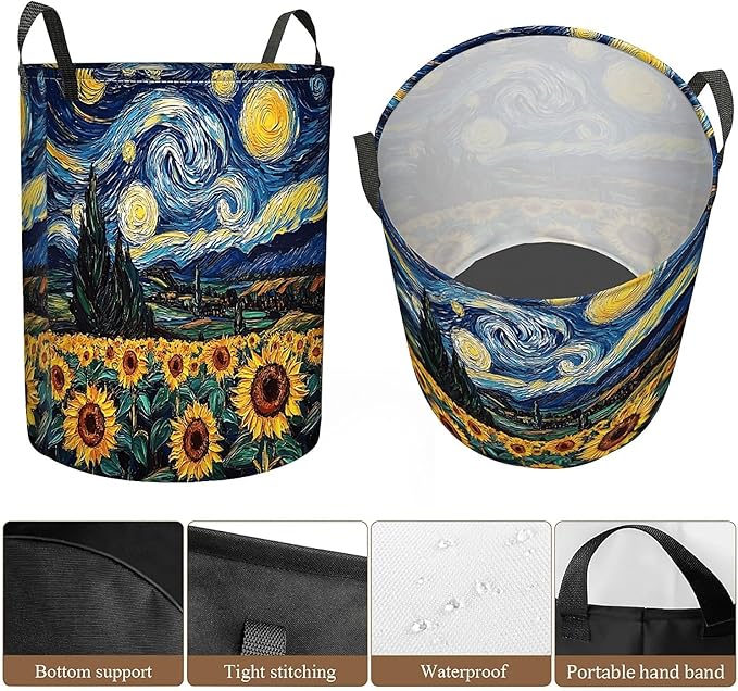 Laundry Hamper Night Sky Sunflowers, Large Canvas Collapsible Organizer Laundry Storage Basket for Nursery,Office,Toy Organizer,Home,Decor - 19.7" X 15.7 "