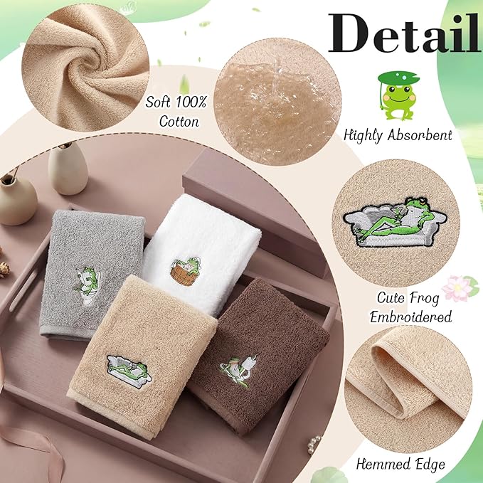 4 Pcs Frog Bathroom Towels Set Soft Cotton Hand Towels Embroidered Frog Design Washcloths for Bathroom and Kitchen Fun Decorative for Housewarming Gift Bath Face