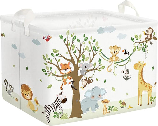 Clastyle 36L Woodland Vine Animal Tree Nursery Decor Baby Basket Collapsible Rectangle Giraffe Monkey Tiger Clothes Toy Book Shelf Basket
