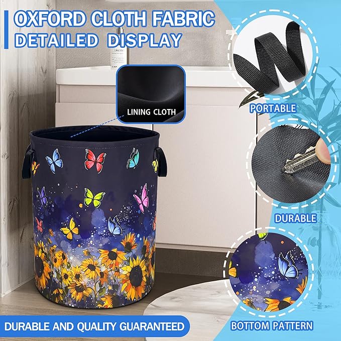 Colorful Butterfly Sunflower Laundry Basket Oxford Cloth Laundry Hamper With Handle Foldable Portable Clothes Storage Basket 18.9 X 16.5 In Storage Bag For Laundry Room/Bathroom/Bedroom/Dormitories