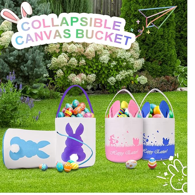 2 Pack Easter Bunny Baskets Bags for Kids, Easter Basket Bags, Easter Hunt Empty Basket with Handle,Canvas Rabbit Tote Bags Storage Buckets for Party Gifts,Easter Eggs (Purple-LightBlue)