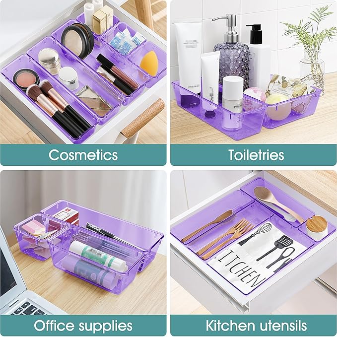 WOWBOX 30 PCS Clear Plastic Drawer Organizer Set, 5 Sizes Desk Drawer Divider Organizers and Storage Bins for Makeup, Jewelry, Gadgets for Kitchen, Bedroom, Bathroom, Office, Purple