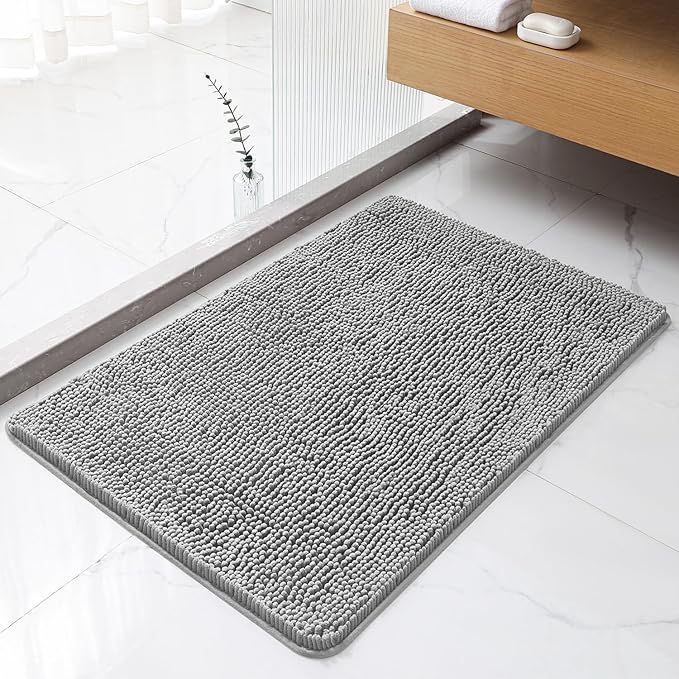 Gray Bathroom Rugs 24"x36" - Plush Chenille Non-Slip Bath Mat - Absorbent, Washable, Soft and Thick Decor for Shower, Sink, Tub, Home Accessories