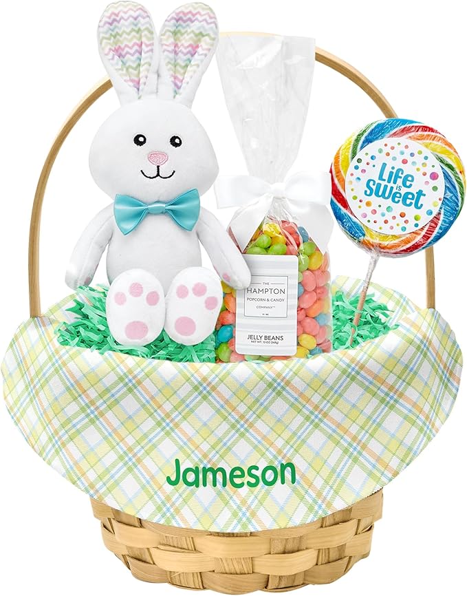 Let's Make Memories Personalized Easter Basket for Kids- For Boys - For Girls - Create Your Own - Fillable - Wicker - Easter Basket Stuffers - Small - Green Fun Plaid