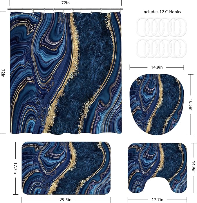 4PCS Navy Blue Gold Marble Shower Curtain Sets with Rugs, Abstract Bathroom Sets with Shower Curtain and Rugs, Gold Bathroom Curtains Shower Set with Toilet Lid Cover Accessories