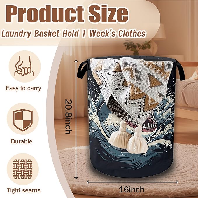 Shark Big Mouth Laundry Hamper,Ocean Wave Laundry Baskets,Waterproof Oxford Cloth Toy Storage for Bedroom,Bathroom,Nursery,16x20.8 Inch