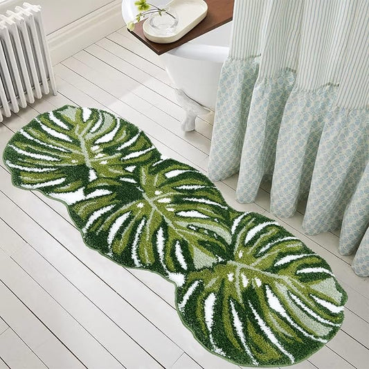 Green Bathroom Runner Rug - Leaf Long Bath Mat Tropical Monstera Bath Rugs Non Slip Washable Bathrug for Bathroom Floor, Cute Restroom Rug, Plant Absorbent Bathmat Botanical Home Decor 24" x 60"