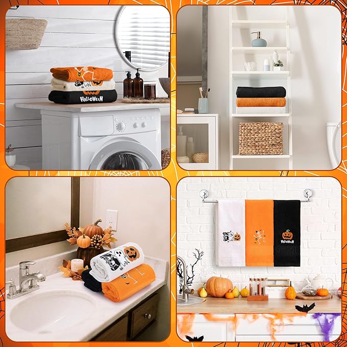 3 Pcs Halloween Hand Towels for Bathroom Embroidered Pumpkin Ghost Skull Bathroom Towel Farmhouse Decorative 13.78 x 29.53 Inch Absorbent Soft Cotton for Kitchen Dish Fast Drying Decor