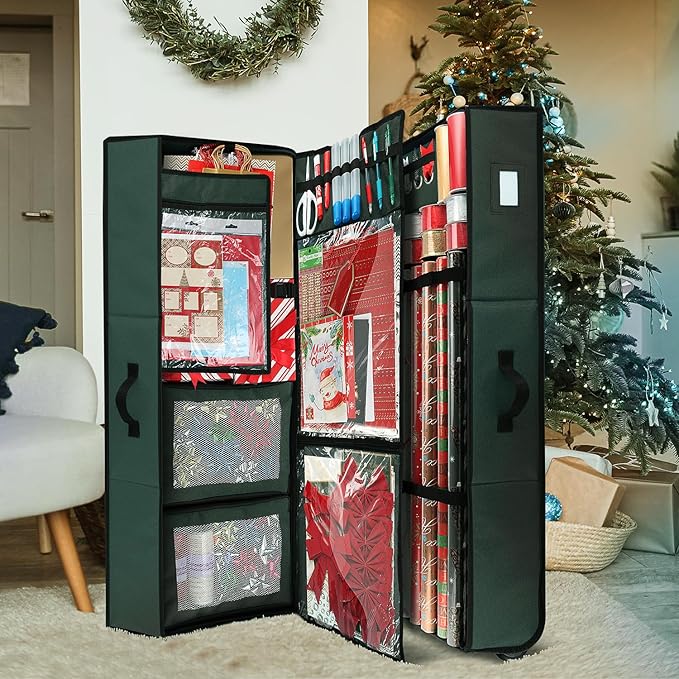 Hearth & Harbor Holiday Storage with Extra 2 PC of Christmas Storage Bins and Ribbon Storage Organizer - Fade Resistant Wrapping Paper Storage Containers with Wheels Fits Up to 30 Rolls of 40" Length
