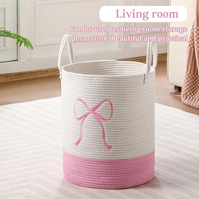 Honeydak Pink Laundry Basket Bow Hamper Coquette Laundry Basket Cotton Rope Pink Hamper 15 x 17.7 Inches Toy Box Large Coquette Bow Teens Girls Room Storage for Blanket Toys Clothes Organization