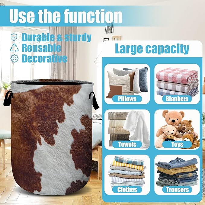 Brown Cow Skin Laundry Basket, Laundry Hamper Collapsible Oxford Cloth with Handle Clothes Toy Storage Bin for Bathroom Laundry Room Bedroom 15.7 X 20 Inch