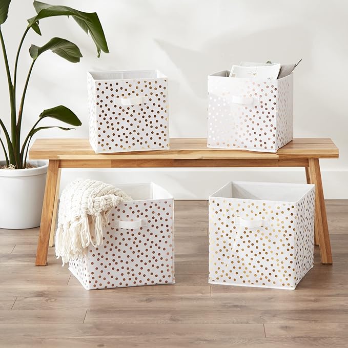 DII Non Woven Polyester Storage Bin, Polka Dot, White & Gold, Small Set of 2