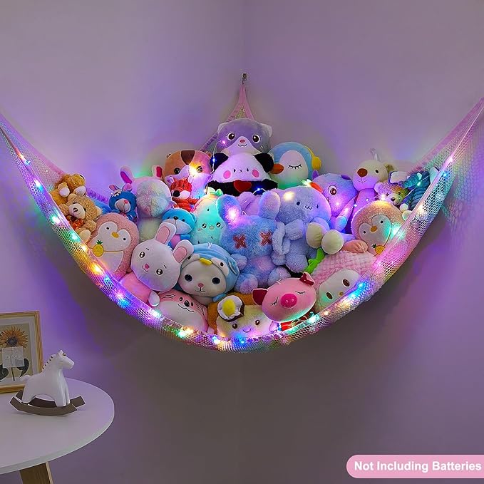 Unicorn Castle Stuffed Animals Net or Hammock Kids Toy Storage Organizer with LED Light Hanging Corner Stuffed Animals Holder Kids Girls Room Decor,Rainbow-A,Large (Pack of 1)