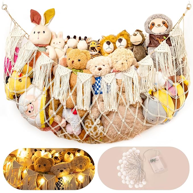Stuffed Animal Hammock Net with Lights - Big Wall Hanging Stuffed Animal Storage for Plushies and Teddy Bears,Boho Macrame Toy Hammock Organizer Holder for Kids Boys Bedrooms Playroom Nursery （White）