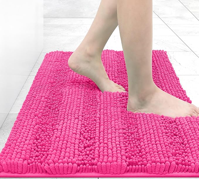 Grandaily Chenille Striped Bathroom Rugs 24x16, Extra Thick and Absorbent Bath Mats, Non-Slip Soft Plush Shaggy Shower Carpet, Machine Wash Dry, Bath Rug for Bathroom, (Small, Deep Pink)