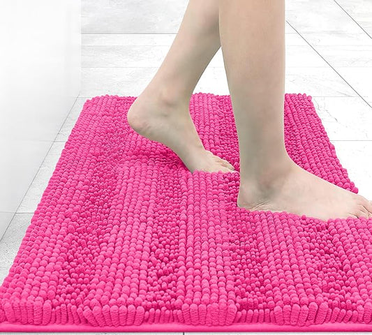 Grandaily Chenille Striped Bathroom Rugs 24x16, Extra Thick and Absorbent Bath Mats, Non-Slip Soft Plush Shaggy Shower Carpet, Machine Wash Dry, Bath Rug for Bathroom, (Small, Deep Pink)