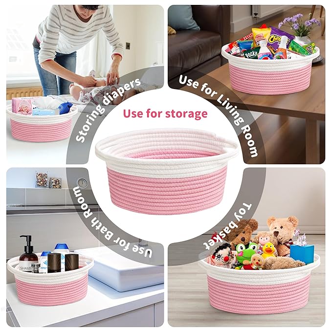 Small Woven Basket with Gift Bags and Ribbons Cute Baskets for Gifts Empty 12"x8"x5" Small Rope Toy Basket for Babies Baskets for Storage, White & Pink