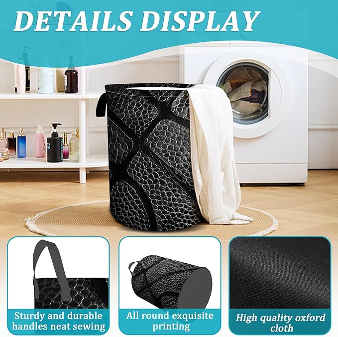 Basketball Texture Black Laundry Basket, Basketball Stripes Laundry Hamper Foldable Waterproof Tote Bag Dirty Clothes Storage Bucket Toy Organizer for Bathroom/Laundry/Bedroom 15.7"x19.6"