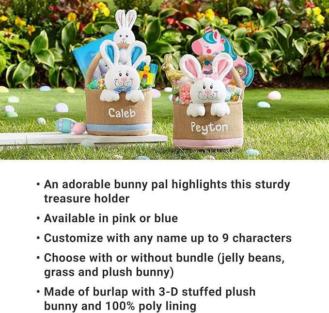 Let's Make Memories Personalized Easter Basket for Kids - Custom - For Boys and Girls - Fillable - With Optional Easter Basket Stuffers - 3-D Stuffed Bunny in Burlap - Pink