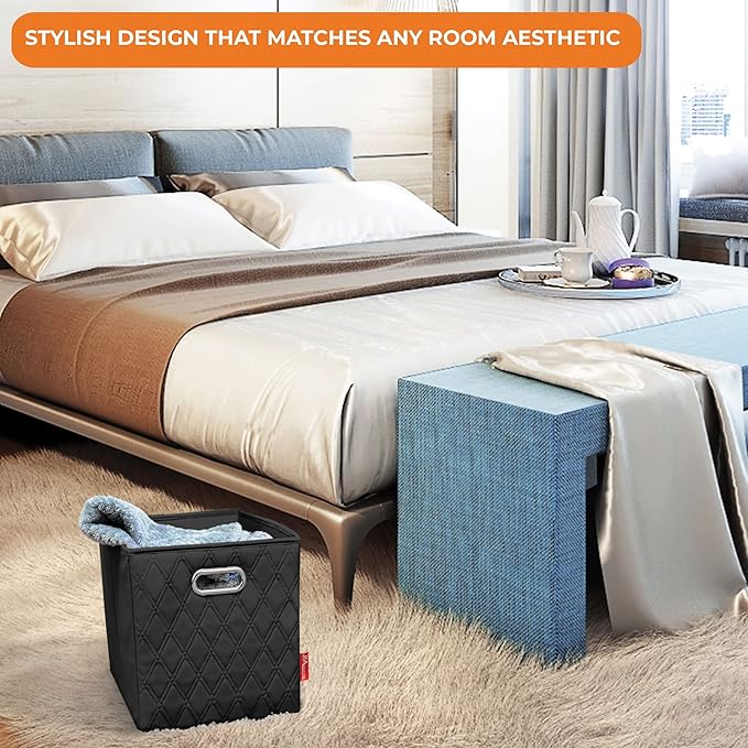 FH Group JIAessentials 12" Faux Leather Foldable Storage Cube Bins Set of 2 – Black Diamond Patterned Organizers with Handles for Closet & Shelves