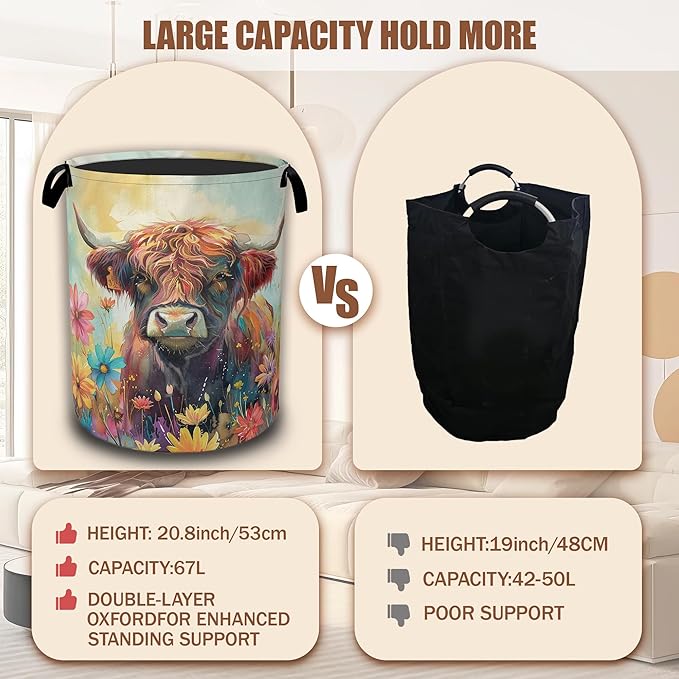 Highland Cow Laundry Basket,Spring Flowers Watercolor Laundry Hamper Waterproof Oxford Cloth Tote Collapsible,Clothes Storage Bucket Decorative Toy Organizer For Bathroom Bedroom 16" x 20.8"