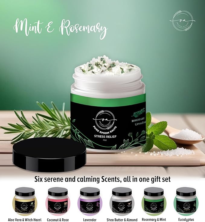 Epsom Bath Salts Gift Set, Relaxing Spa Salt & Essential Oils, Bubble Bath Soaks - Lavender, Eucalyptus, Coconut, Shea Butter, Rose Mary & Aloe Vera Self Care Gifts for Women (6 Pack)