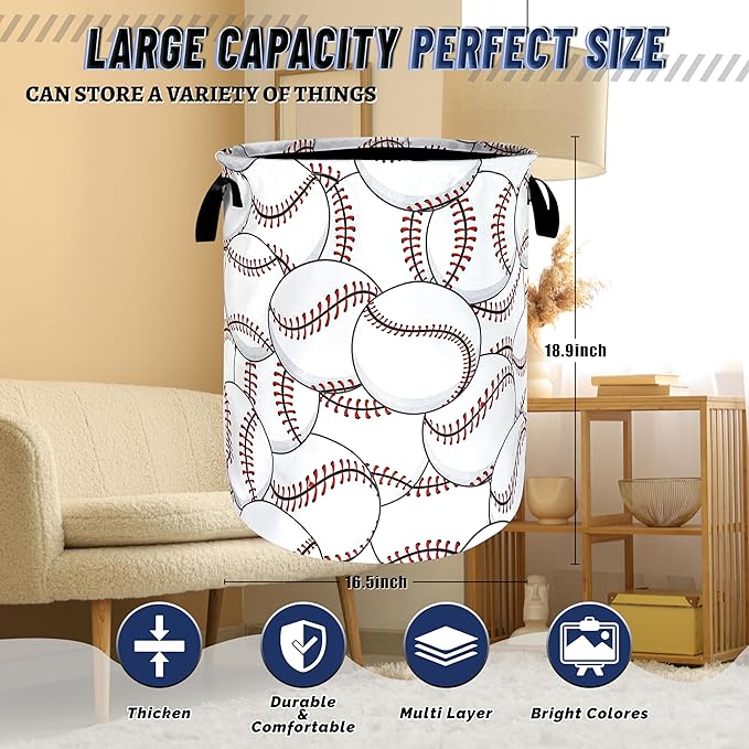Personalize Baseball Laundry Basket Oxford Cloth Foldable Funny Laundry Hamper With Handle Portable Clothes Storage Organizer Basket 18.9"x16.5" Laundry Bag For Laundry Room/Dormitories/Bedroom