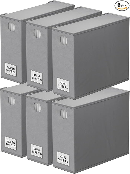 SpaceAid 6 Pack Bed Sheet Organizers and Storage, Foldable Sheet Organizer for Linen Closet, Sheets Set Folder Keeper with Window XL (Queen & King Size) Bedding Container (Gray, 6 Pack)