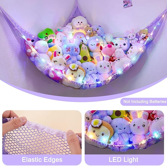 Unicorn Castle Stuffed Animals Net or Hammock Kids Toy Storage Organizer with LED Light Hanging Corner Stuffed Animals Holder Kids Girls Room Decor,Purple,Large (Pack of 1)