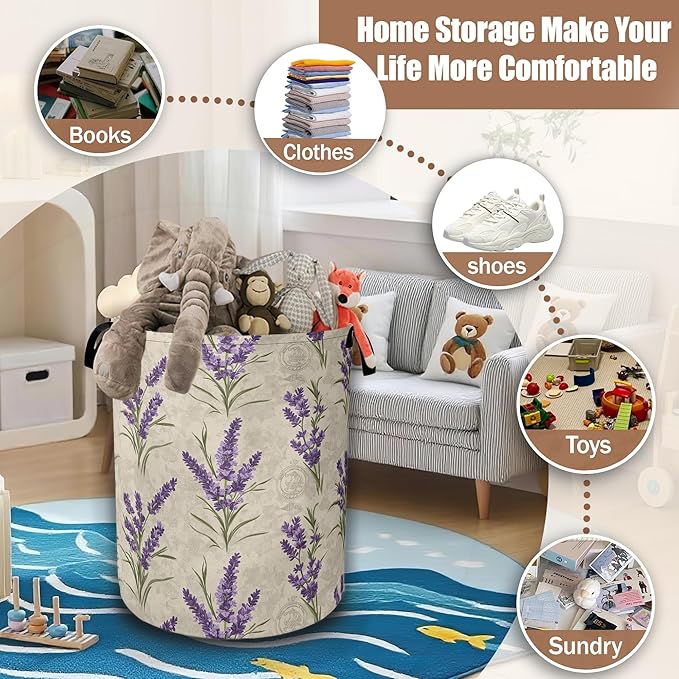 Purple Lavender Flowers Laundry Basket,Waterproof Foldable Laundry Hamper,Dirty Clothes Basket, Linen Bin Storage Organizer Collection 16" x 20.8"